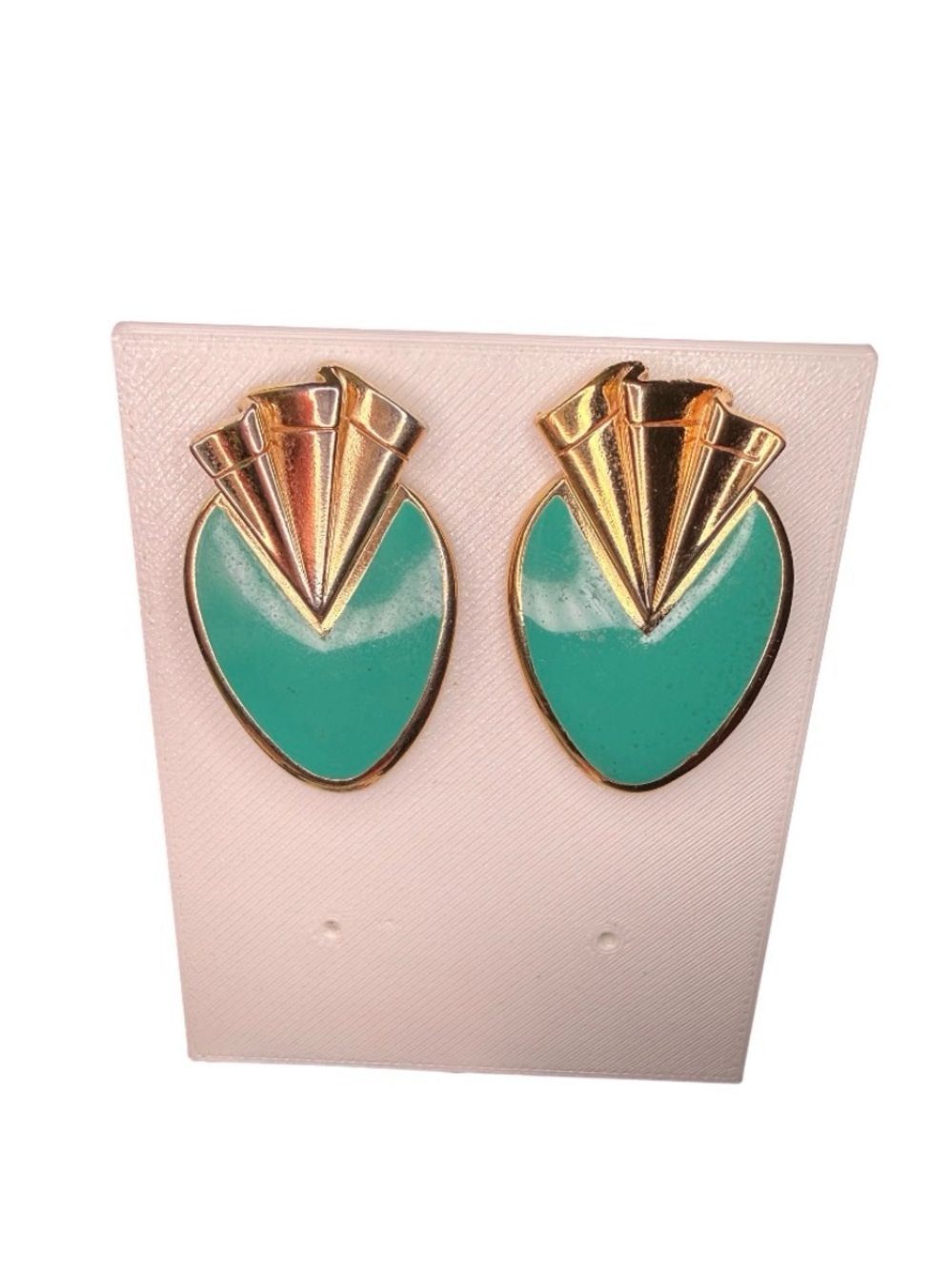 Vintage Avon 1990 Pleated Fanfare Teal Enamel Gold Tone Pierced Earrings